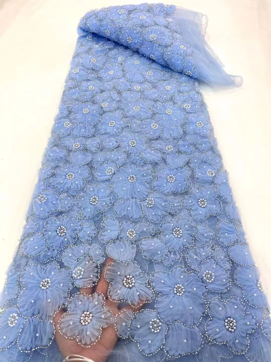 

SU001 Sky blue flower fabric Semi Transparent Yarn DIY Creative Dress Dress Wedding Dress Background Decoration Designer Fabric
