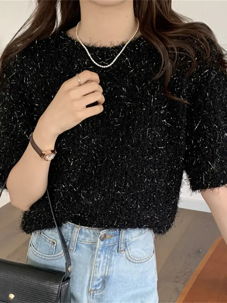 

Alien Kitty Party Summer Women Chic Sweaters Short Sleeves New Loose Fashion Sexy 2022 OL Hot Office Lady Jumpers Pullovers