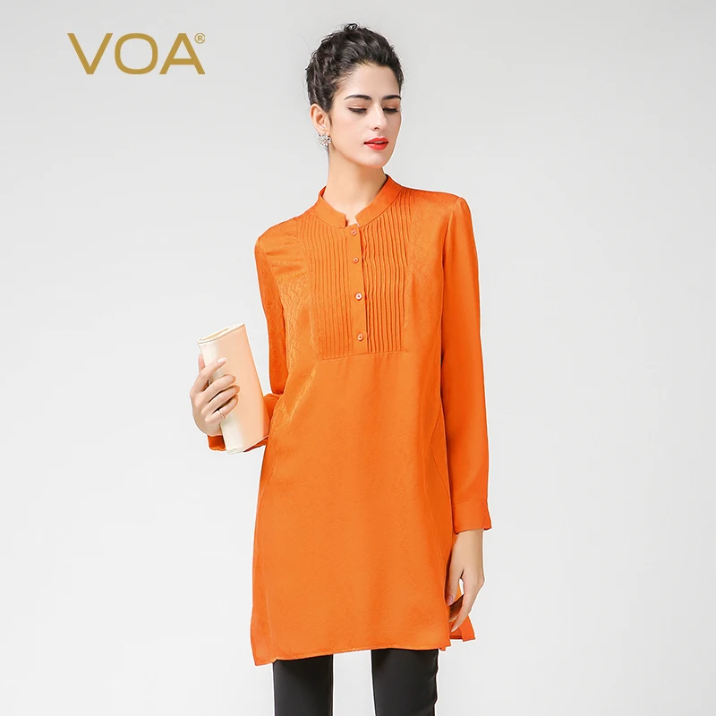 

VOA 100% Real Mulberry Silk Jacquard Blouse Solid Orange Long Sleeve Office Basic Shirt Casual Women Tops Shirts Autumn B7368