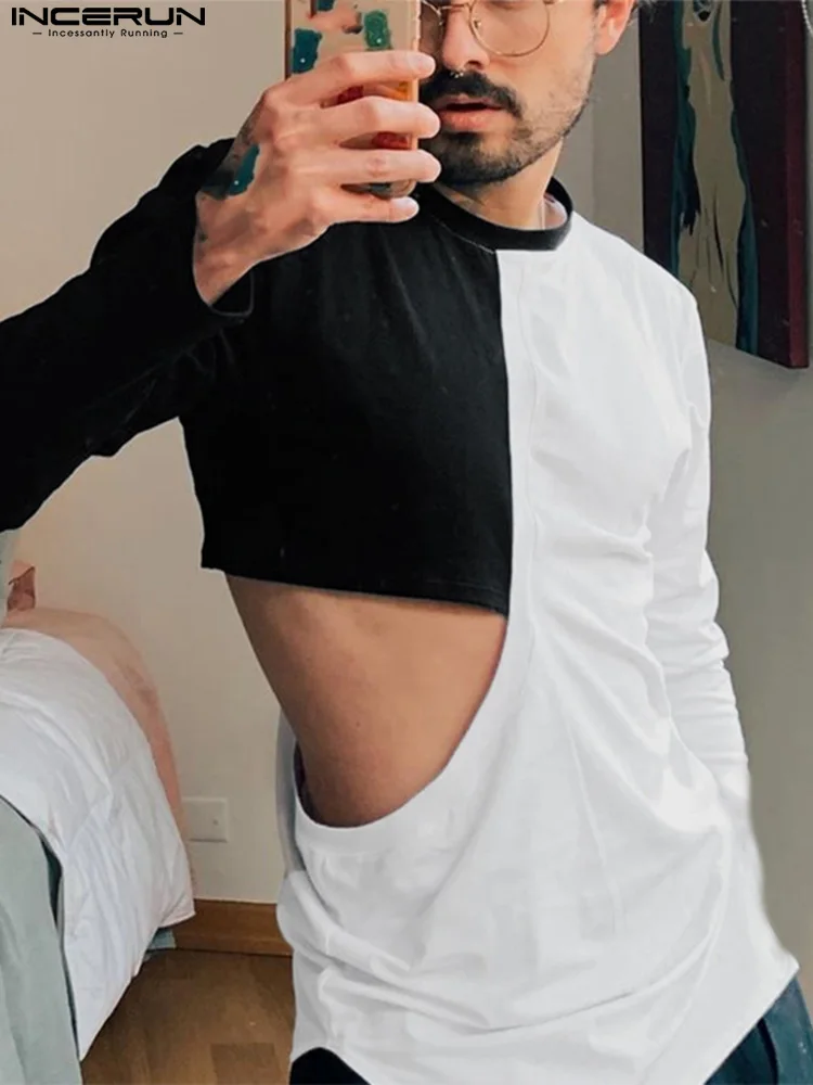 

Men T Shirt Patchwork Hollow Out O-neck Long Sleeve Irregular Tee Tops Streetwear Personality 2022 Casual Camisetas INCERUN 5XL