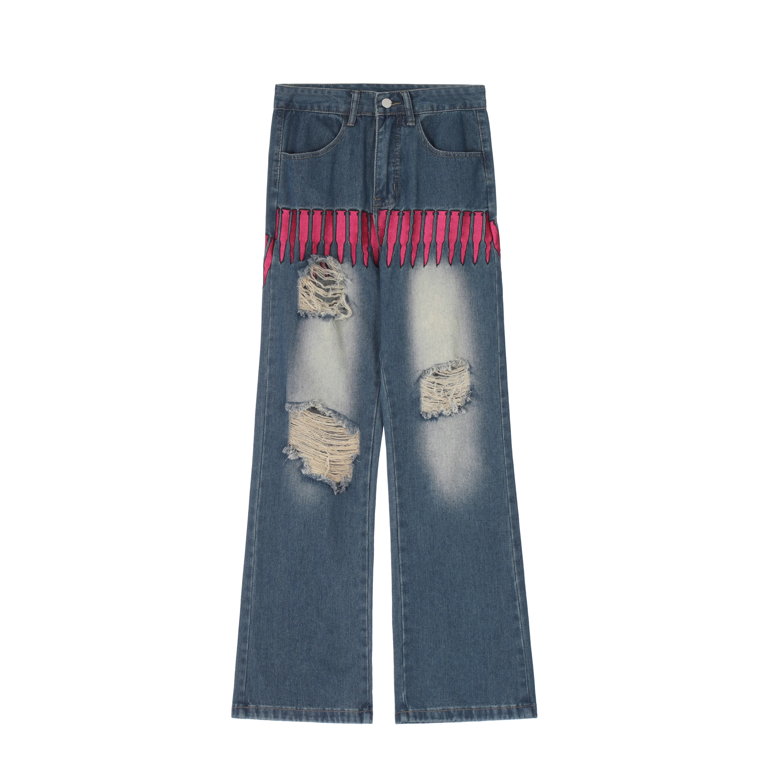 Four Seasons Retro Bullet Embroidery Ripped Jeans Men's High Street Ins Trend Loose Straight Trousers Streetwear Ins Hot Sale