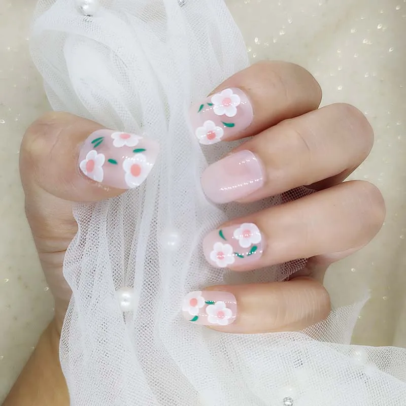 

Ladies Sweet Transparent Color little Flower Fake Nails DIY Fashion Nail Art Tips Short Size Design Artificial Nails 20pcs H77