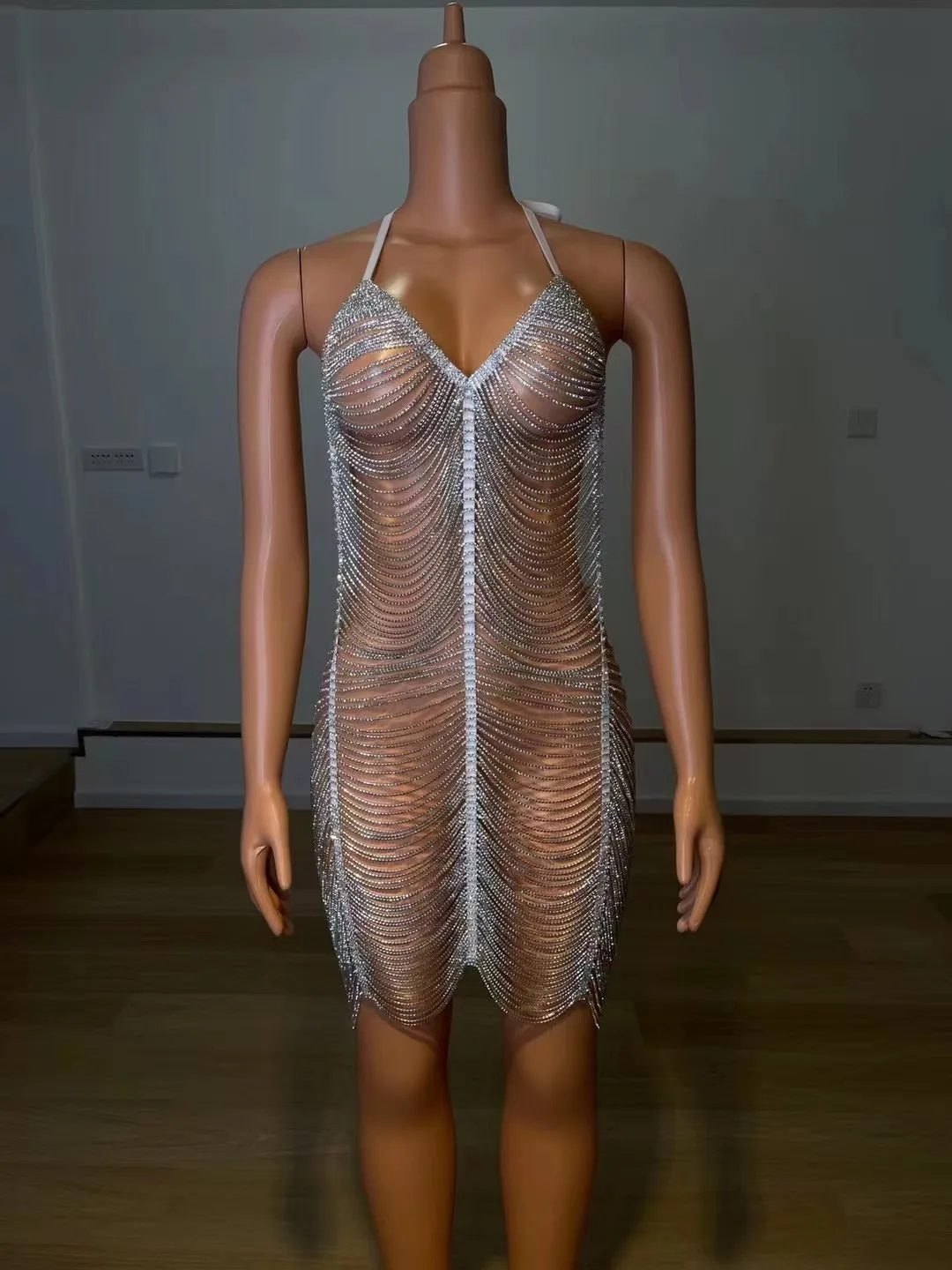

Silver Rhinestone Chain Short Dress BarProm Women Dancer Backless Hollow OutfitBirthdav Celebrate Dress