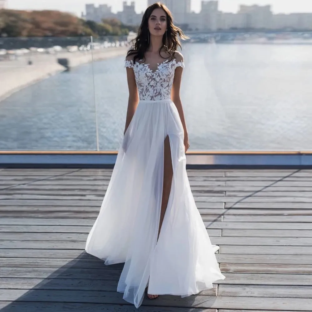 

Boho Cap Sleeve Chiffon Wedding Dress Lace Applique High Split Zipper Back Beach Bridal Gown Illusion Sweep Train Robe De Mariée