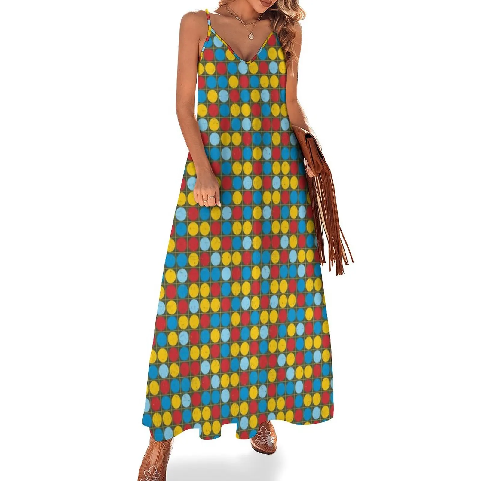 

Retro 70S Disco Dress Colorful Dots Print Cute Maxi Dress Straps Fashion Boho Beach Long Dresses Women V Neck Large Size Vestido