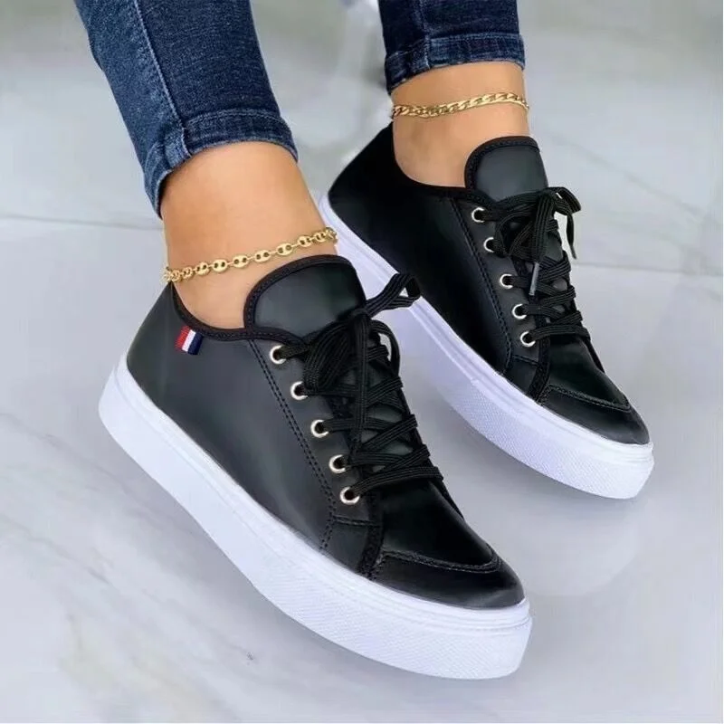 

Women 2022 Autumn Sneakers Lace-Up Solid Color Skateboard Shoes Pu Leather Casual Ladies Concise Thick Sole Vulcanized Shoes