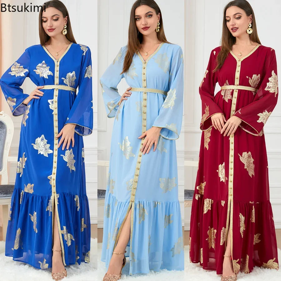 

Muslim Abayas Women Print Belt Clothing Dubai Indian Dress Fashion V-neck Pullover Dress Long Sleeve Chiffon Muslim Casual Dress