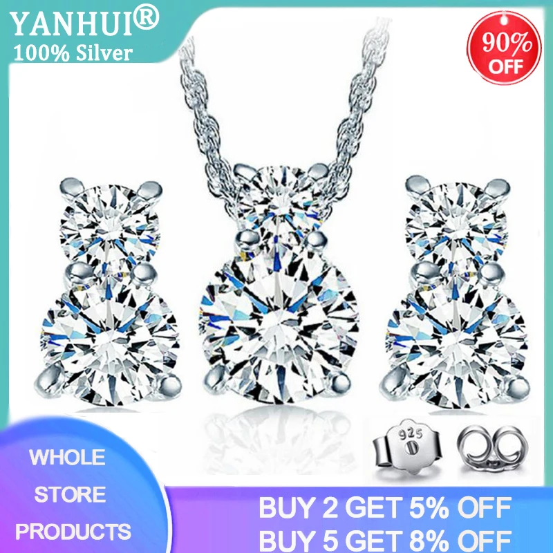 

YANHUI Bride Jewelry Set Tibetan Silver S925 5mm 0.5ct Zirconia Diamond Necklace&Earrings Set for Women Anniversary Gift