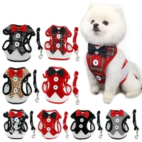 dog harness vest with leash adjustable soft breathable mesh elegant bow collar necktie traction rope for pet puppy cat