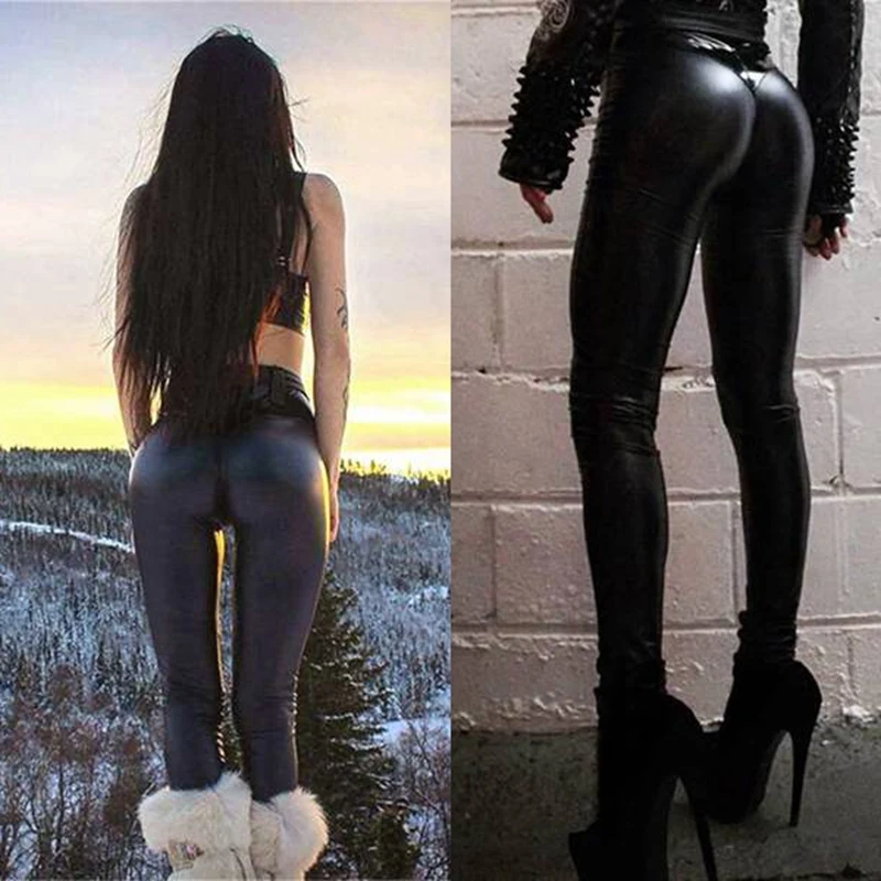 

Women's PU Bright Leather Stitching Pants Fashion Skinny Slim Casual Leather Ladies Pants Black