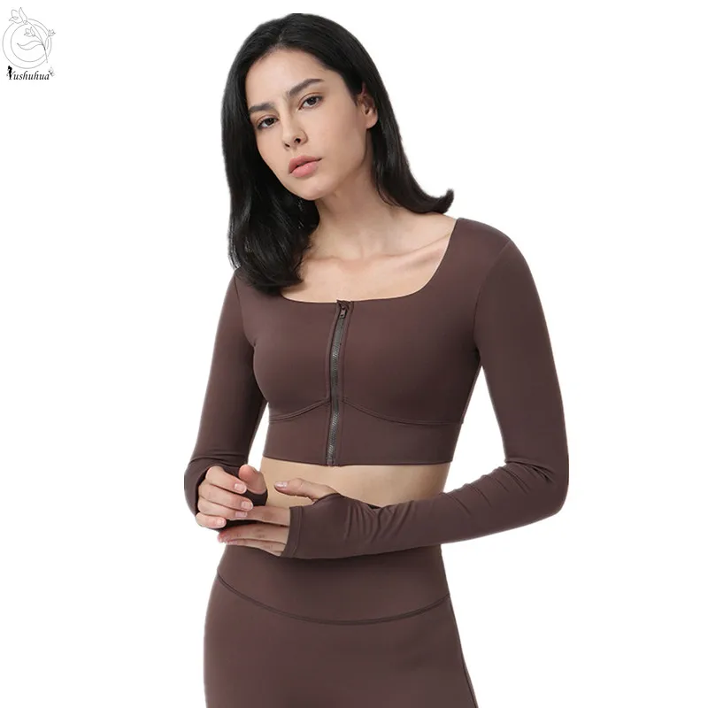

Yushuhua Zipper Yoga Top Removable Chest Pad Long Sleeve Women Thumb Holes Crop Top Fitness Shirt Gym Clothes Run Sports Blouses