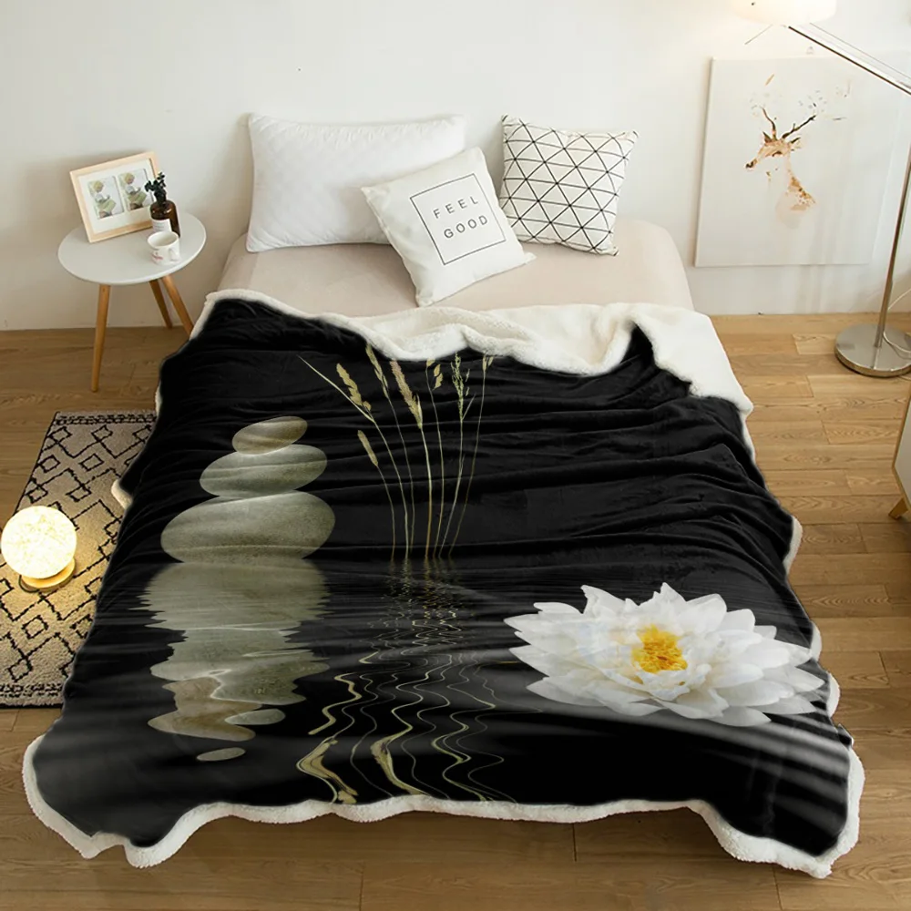 

White Flower Plant Stone Water Wave Black Lamb Cashmere Fleece Blanket Home Bed Sofa Winter Sherpa Bedding Kids Thick Bedspread