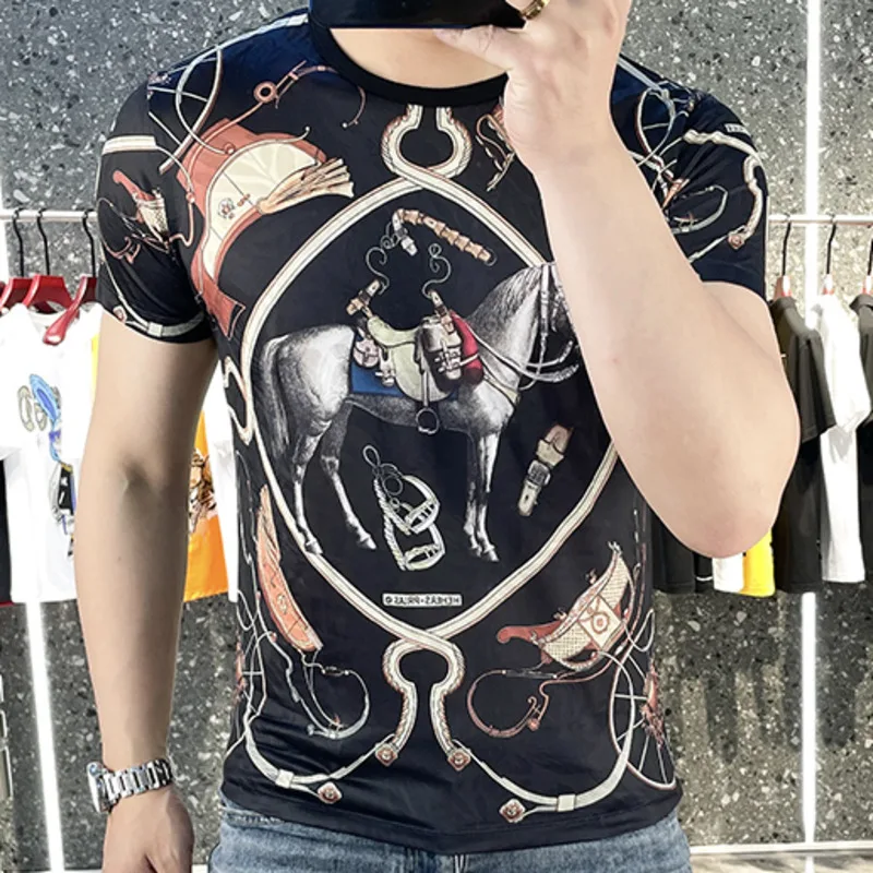 

European Men's Round Neckanimal Horse Funny T Shirts 2023 Summer Men Short Sleeve T-shirt Street Wear Tee Shirt Homme