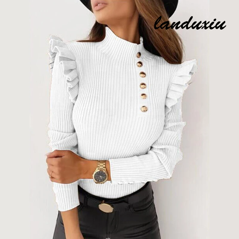 

Fashion Turtleneck Long Sleeve Black White T Shirt Women 2022 Autumn Winter Buttons Ruffles Top landuxiu