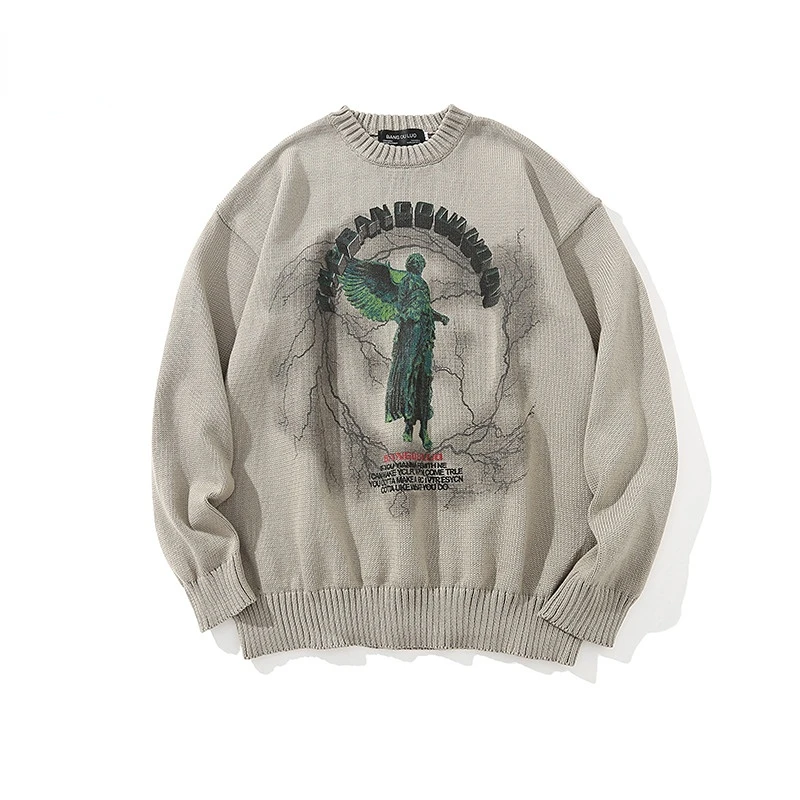 

Hip Hop Knitwear Men Vintage Sweaters Harajuku Printed Pullover Casual O-Neck Male Tops Fashion Streetwear Y2K Sweater Unisex