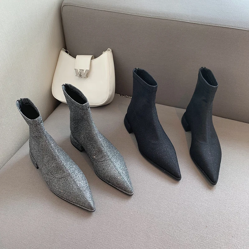 

Pointed Toe Women Ankle Boots 2022 New Arrivals Sequined Cloth Stretch Shoes Flat Low Heels Slip On Black Grey Sock Booties 39