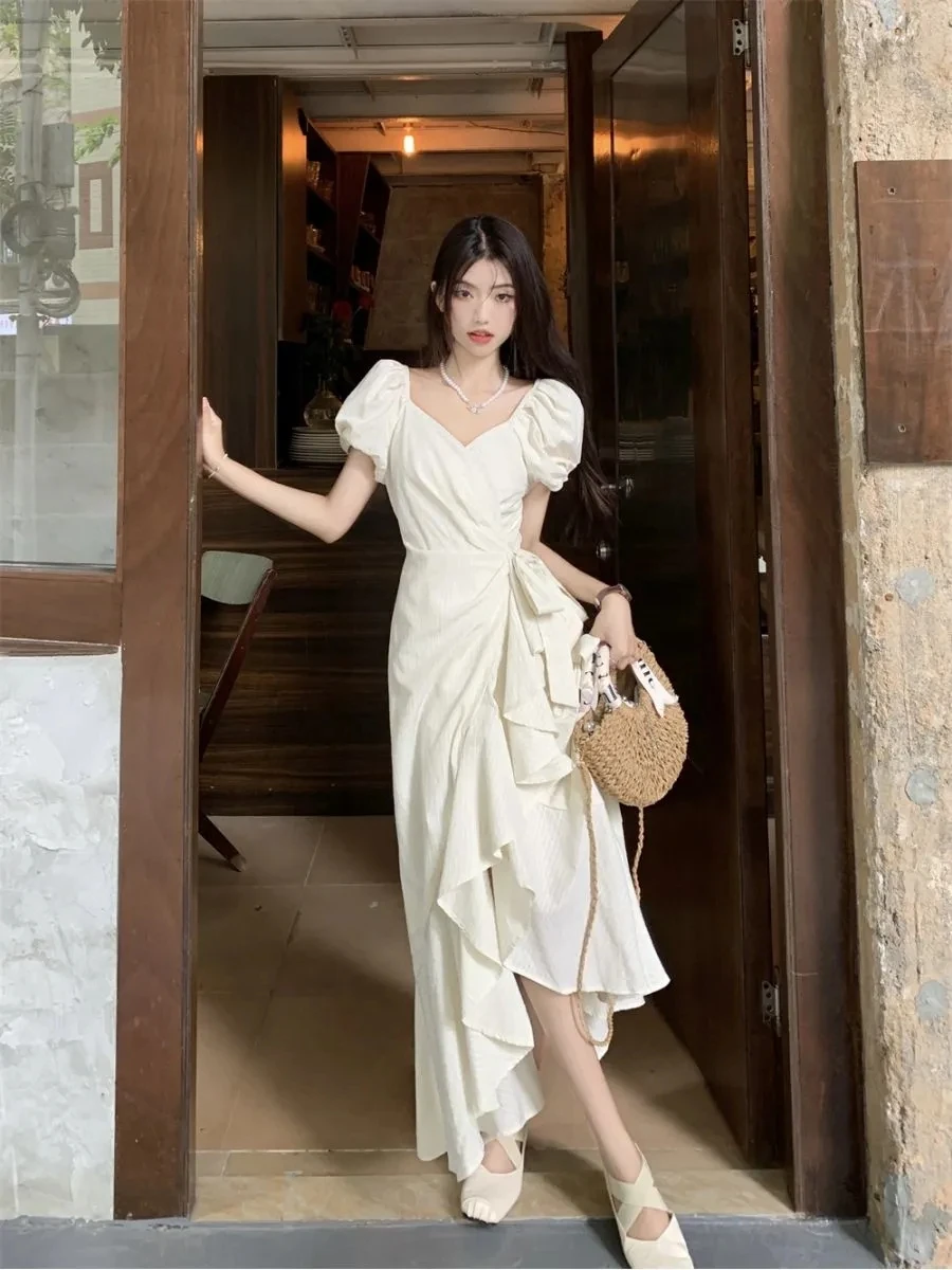 

Женское платье SLPBELY в Корейском стиле, летнее платье с V-образным вырезом и оборками на талии, тонкое платье с пузырьками и короткими рукавами, новинка 2023