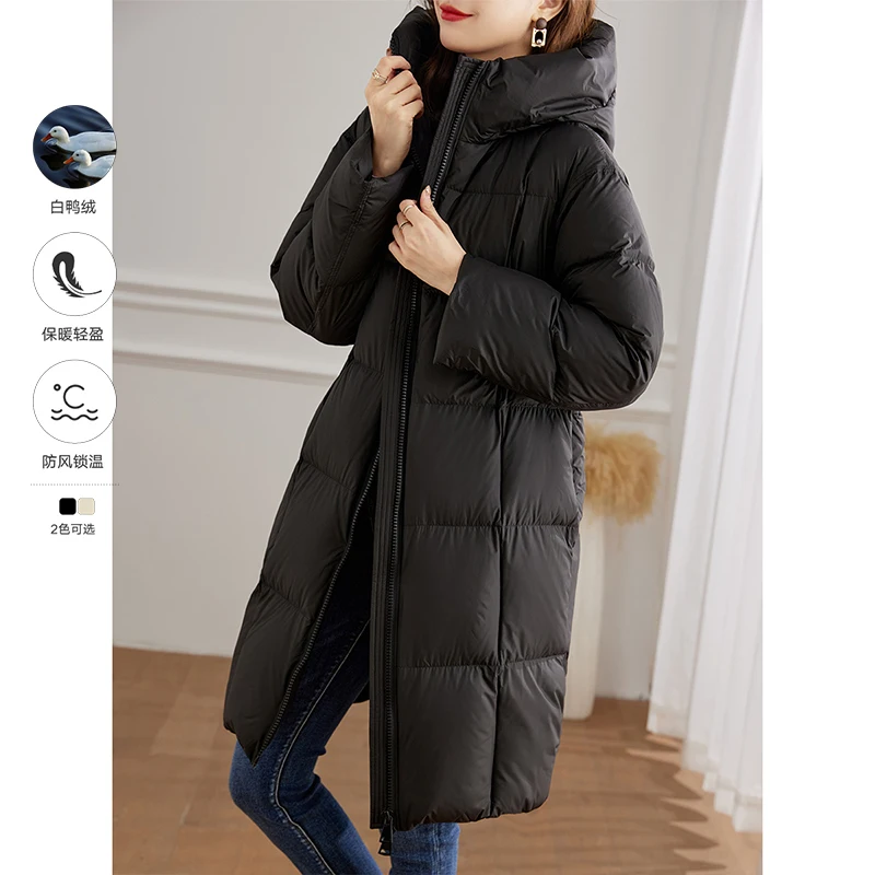 Vimly Winter Long Down Puffer Jacket for Women Winter 2022 Fashion Luxury Warm Duck Down Coat Hooded Zipper Long Sleeve Jackets