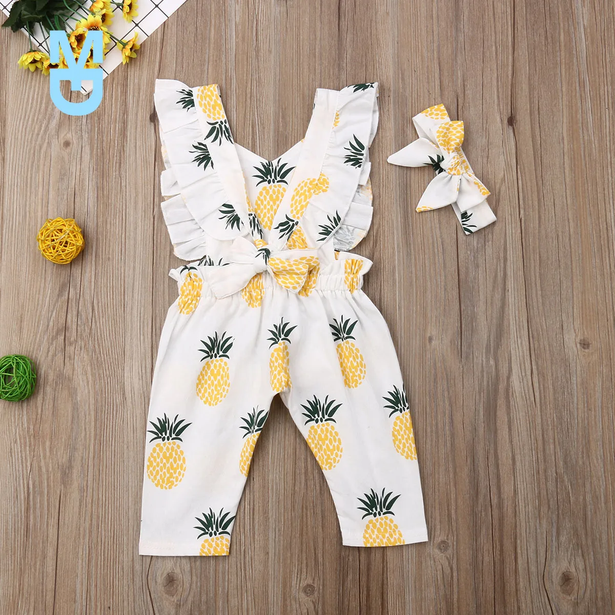 

New Newborn Baby Girl Clothes Sleevless Ruffle Pineapple Print Romper Jumpsuit Headband 2Pcs Outfits Clothes Summer