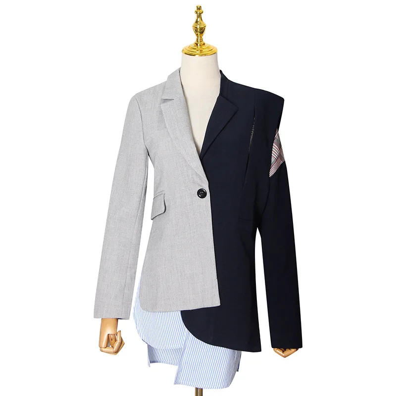 

Женский блейзер в Корейском стиле, асимметричный весенний тонкий пиджак в стиле пэчворк, сексуальный короткий костюм, однобортный Тонкий Блейзер для женщин