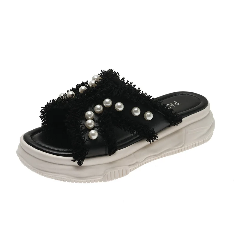 

Canvas Pearl Slippers Women's Summer Shoes Fashion New Thick Sole Soft Sole Net Red Slippers