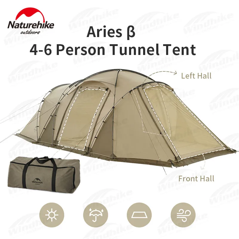 

Naturehike Aries-β Luxury Tunnel Tent 4-6 Persons Multi Door Hall Sunshade Canopy 210T Windproof Waterproof Travel