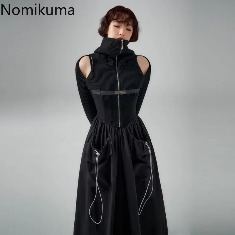 

Nomikuma Dresses for Women 2022 Pleated Turn Down Collar Knitted Patchwork Vestido Feminino Retro Harajuku Fashion Ropa Mujer