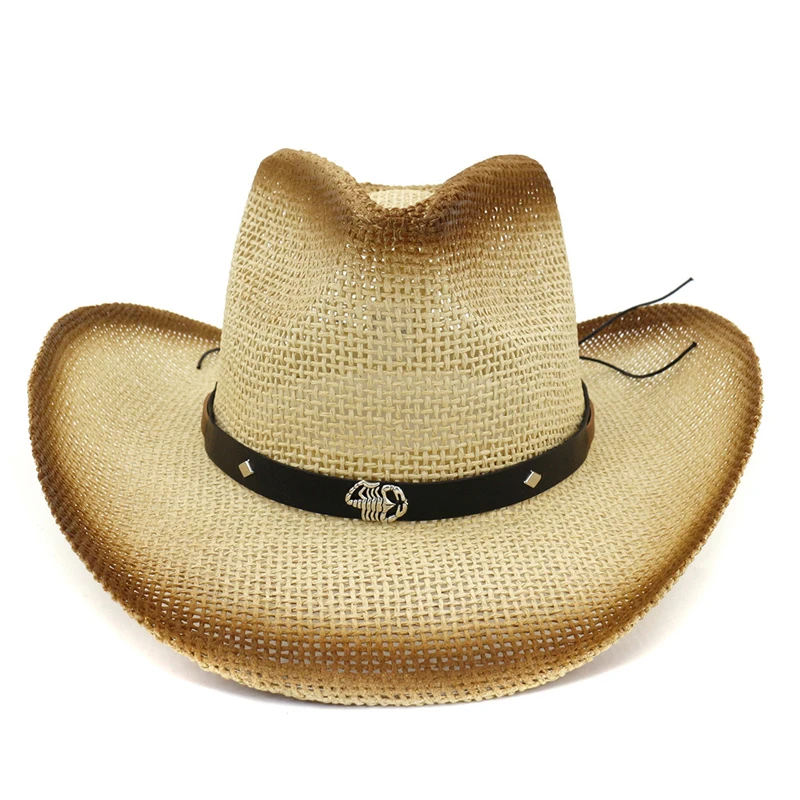 

Brown Paint Spraying Paper Straw Cowboy Hats Belt Metal Scorpion Decorate Jazz Panama Sun Visor Cap Beach Sunhat for Women Men