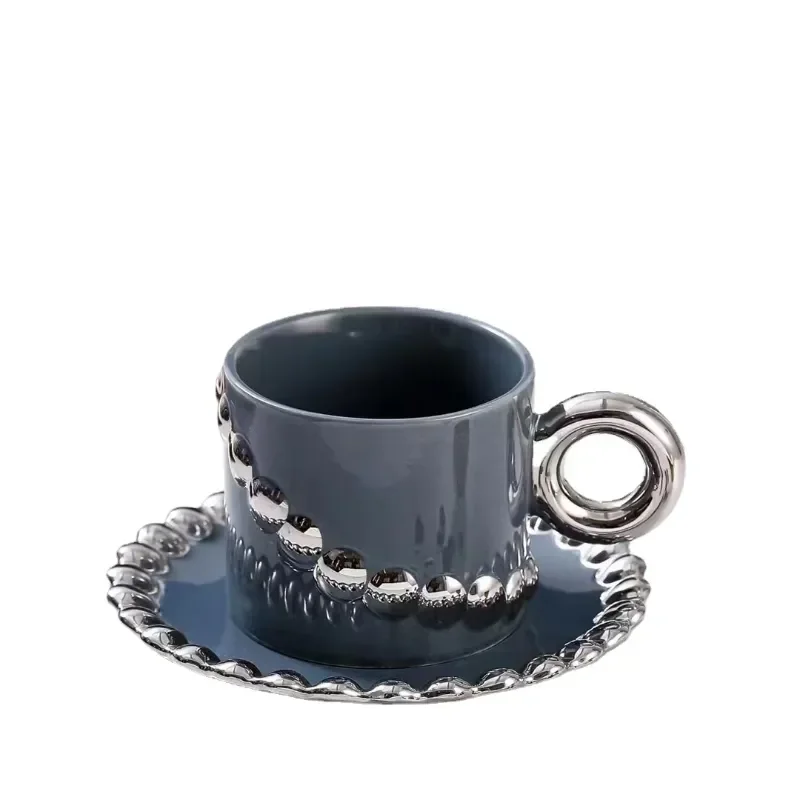 

High-value Bead Coffee Shop Cup Ceramic Chain European And gift And Saucer New Coffee Saucers Set Creative Cups Flower Retro