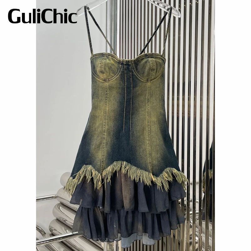 

8,29 г., GuliChic, женское винтажное пикантное джинсовое мини-платье в стиле High Street с открытой спиной, потертостями, кисточками и оборками на подоле