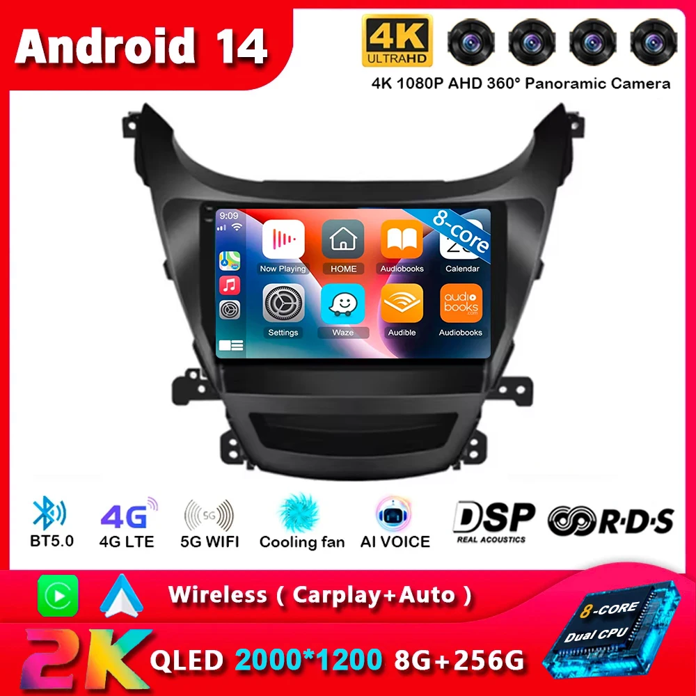 Android14 Carplay Auto для Hyundai Elantra Avante I35 2011 2012 2013 2014 2015 2016 Мультимедийный автомобильный