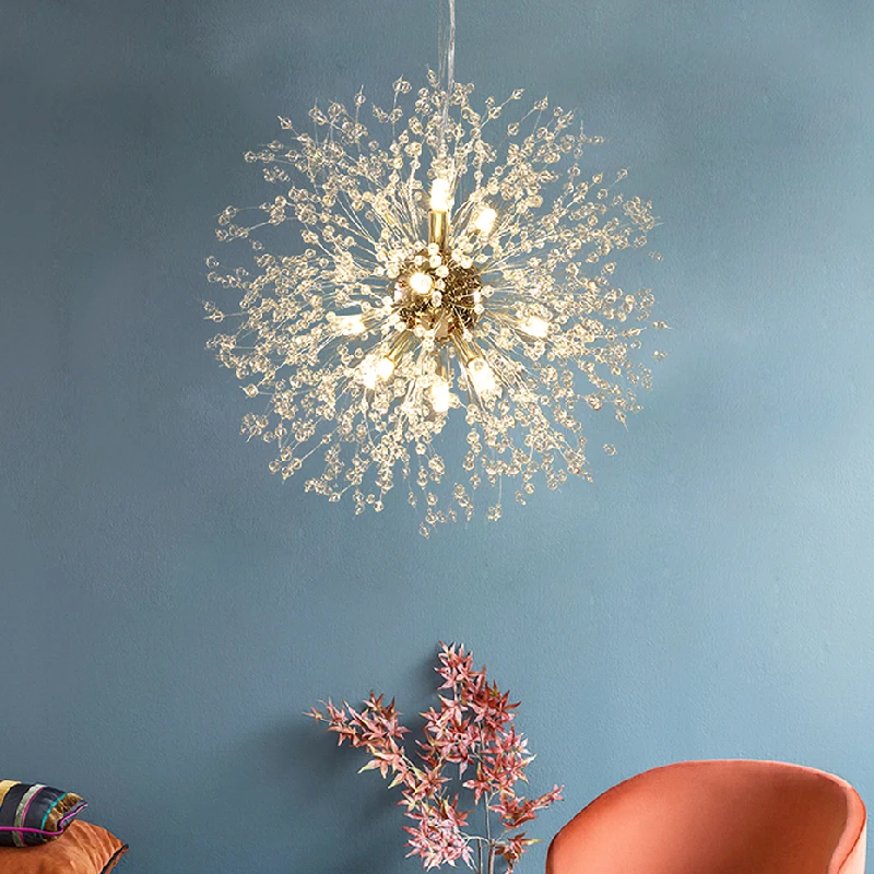 

Modern Nordic Dandelion LED Chandelier Interior Home Lighting Fixture Clear Crystal Firework Hanging Lamp for Living Dining Room