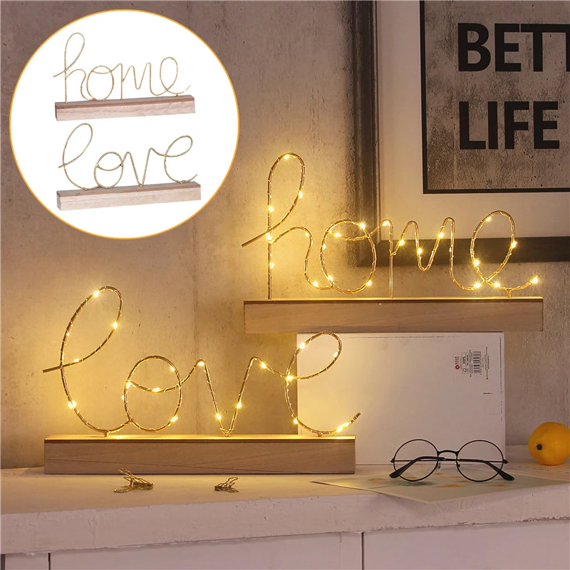 

Bedroom Decor Table Lamp Wrought Iron Wooden Letter Night Light Home Decoration Figurines Ornaments Valentines Day Gift