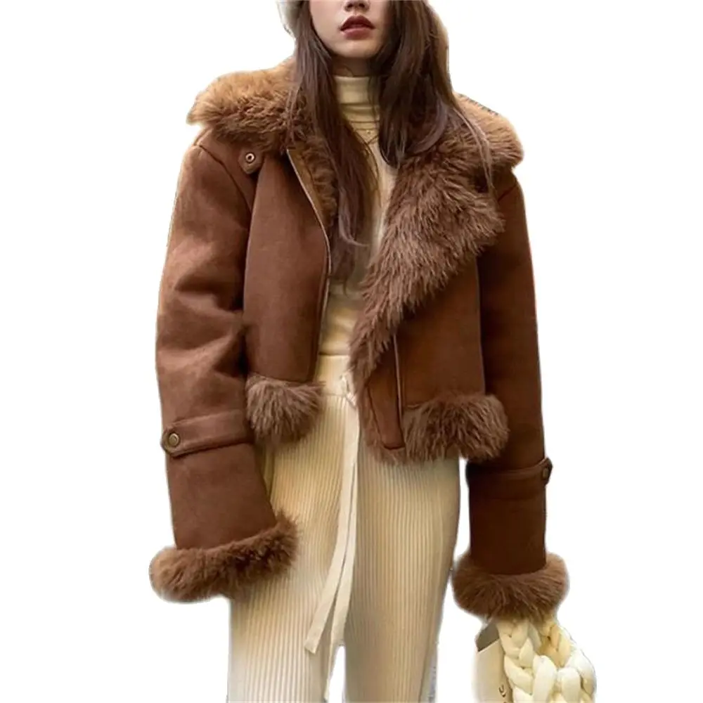 

Women's Leather Jacket Rabbit Fur Lining Sheepskin Neck Fashionable Luxury Warmth Overcoat Winter imitation Fur Coat Short