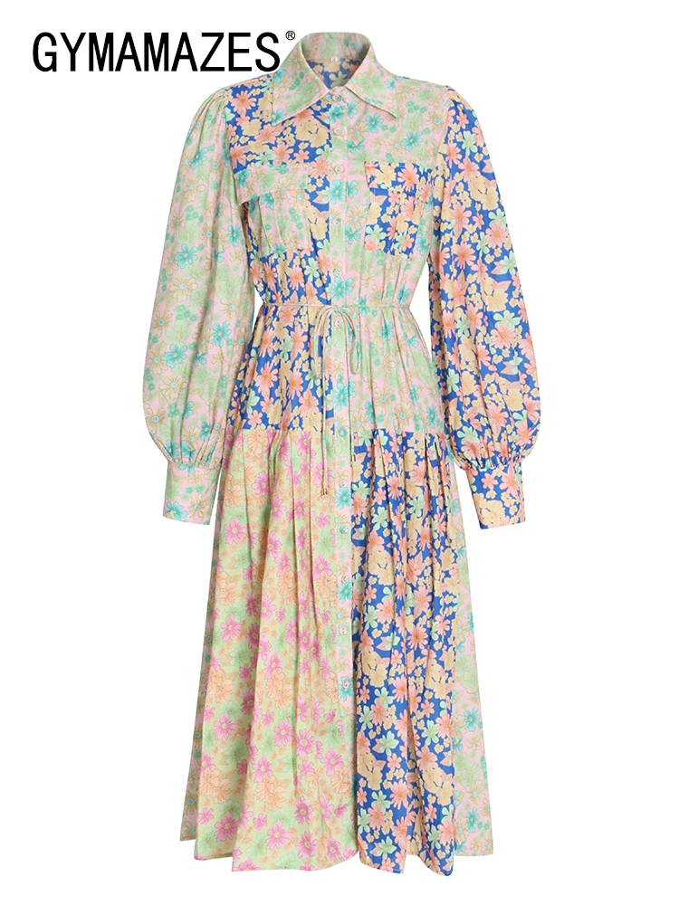 

GYMAMAZES Patchwork Print Floral Dress For Women Stand Collar Long Sleeve High Waist Midi Dresses Female 2022 Spring Clothes New