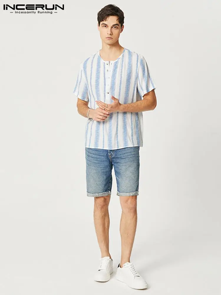

Casual All-match New Men Blouse Striped O-Neck Short Sleeve Button Shirts Casual Streetwear Style Male Blouse S-5XL INCERUN 2022