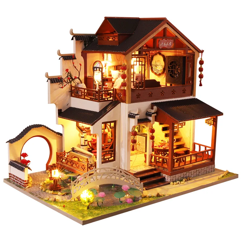 

Деревянный кукольный домик «сделай сам», миниатюрные строительные комплекты в китайском стиле с мебелью, домик для кукол, игрушки для детей, подарки на день рождения для девочек