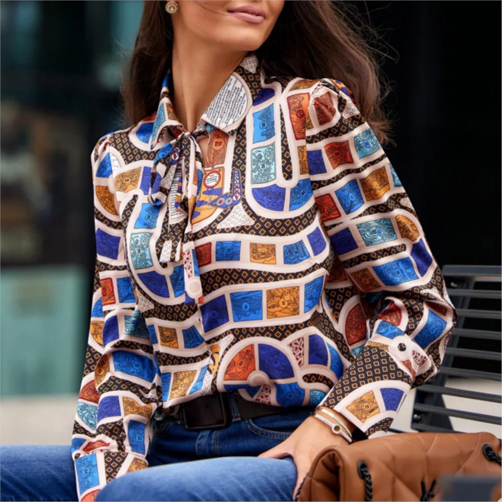 

Женская рубашка Весна-Осень с длинным рукавом свободный и элегантный пуловер с принтом и бантом рубашка для женщин модная офисная одежда