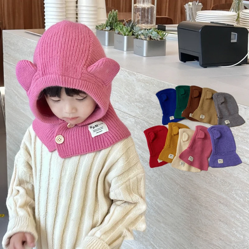 

Cute Bear Ear Children Hat Scarf One Piece Winter Warm Kids Beanie Cap Solid Color Knitted Ear Protection Caps Balaclava Bonnet