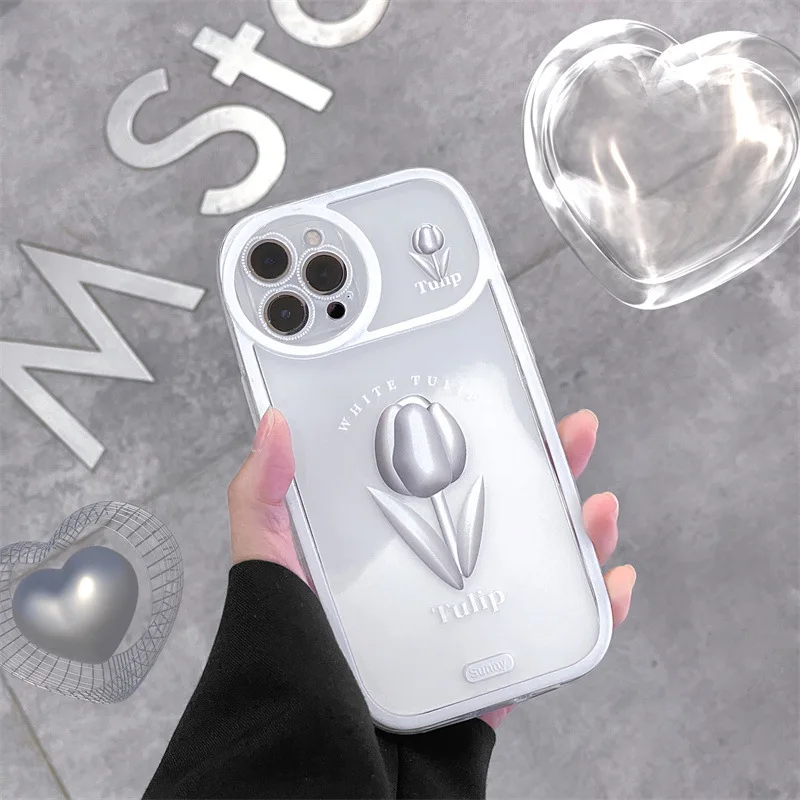 

Luxury silver sweet girls tulip art Retro transparent Phone Case For iPhone 13 11 12 Pro Max Xs Max XR X case Cute Cartoon Cover