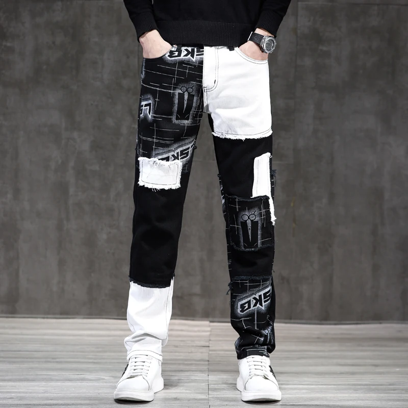 

Casual Solid Biker Male Neutral Pactchwork Streetwear Trend Brand Trousers Men Y2k Men Jeans Jean Splicing Pants Men Clothing