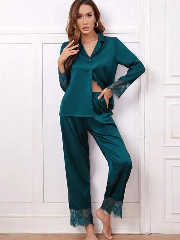 

Linad Lace Women's Home Clothes 2 Piece Sets Blue Long Sleeve Sleepwear Female Casual Trouser Suits Chic Pajamas Autumn 2022