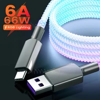 flow luminous lighting 6a 66w usb c cable for huawei mate 40 pro 5a led usb type c data charger for xiaomi samsung 1m