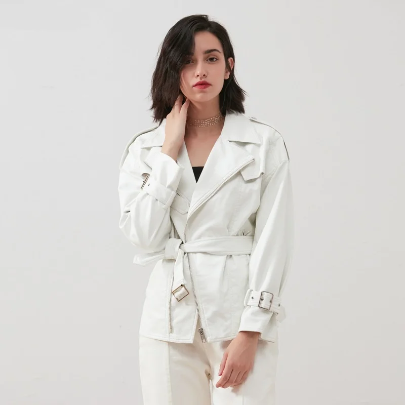 leather Locomotive Autumn jacket fashion female pure white pu leather outerwear was thin leather jackets with belt F1957