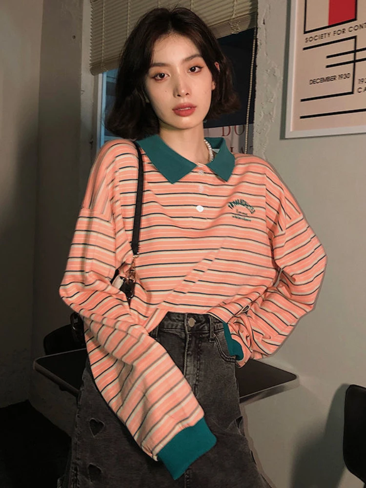 

Корейские модные толстовки в полоску Deeptown, женские винтажные толстовки большого размера в стиле Харадзюку, укороченные топы с длинным рука...