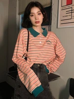 deeptown korean fashion striped hoodies women harajuku vintage oversized sweatshirts polo collar long sleeve crop tops hip hop