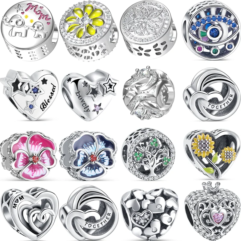 

925 Sterling Silver Star Heart Purple Pink Flower Tree Mom Openwork Fine Bead Fit Original Pandora Charms Bracelet Jewelry Women