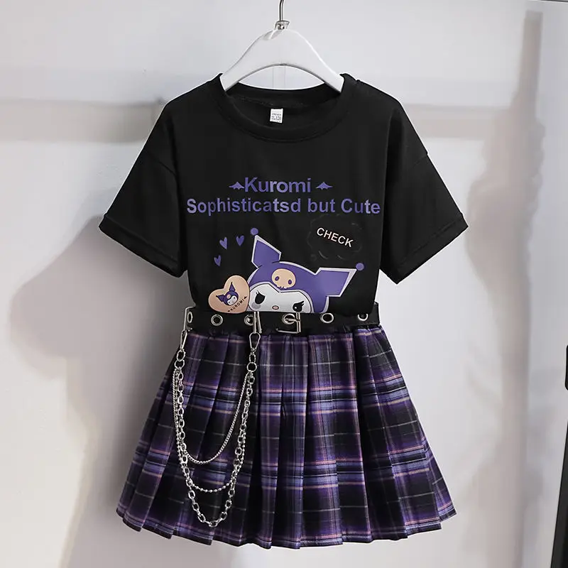 Sanrio Kuromi Girl T-shirt Short Skirt Suit College Style Uniform Girl Suit Short Sleeve Summer Girls Clothes Suits Kids Fashion
