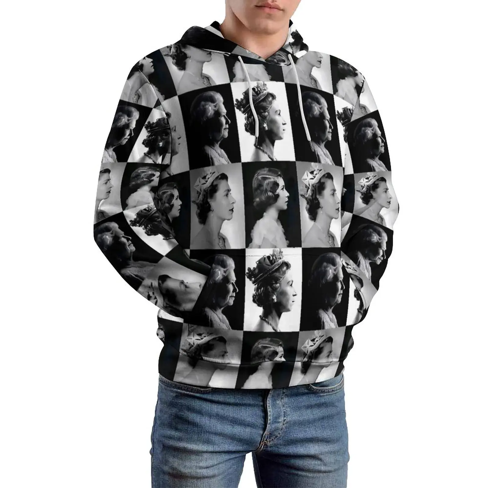 

Elizabeth II Loose Hoodies Four Face Print Streetwear Hoodie Men Long-Sleeve Pretty Graphic Hooded Sweatshirts Large Size 6XL