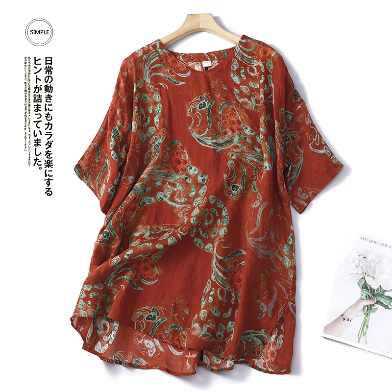 Limiguyue винтажный пуловер большого размера с V-образным вырезом, блузка с коротким рукавом, женские топы из рами с цветочным принтом, повседневная женская футболка, мягкая футболка U581